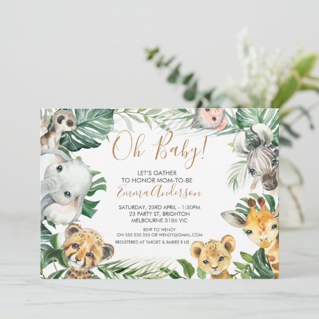 Invitation Green Foliage Verdure Safari Animaux Baby shower (Debout devant)