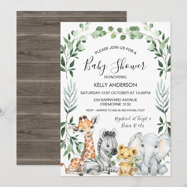 Invitation Green Foliage Wreath Safari Animaux Baby shower (Devant / Derrière)