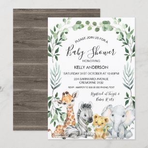 Invitation Green Foliage Wreath Safari Animaux Baby shower