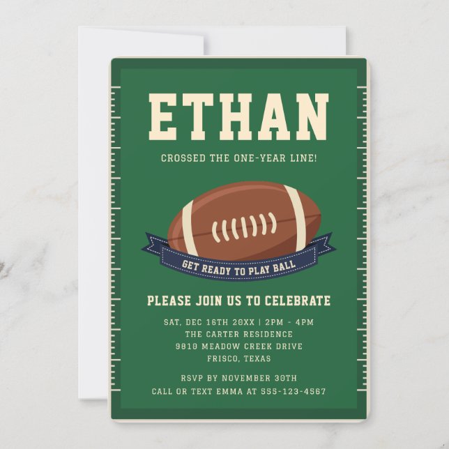 Invitation Green Football Field Kids First Birthday Party (Devant)