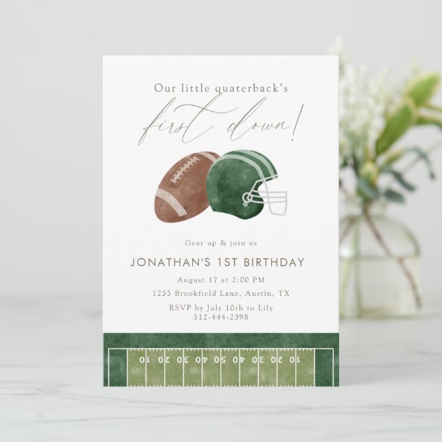 Invitation Green Football Helmet First Birthday (Debout devant)