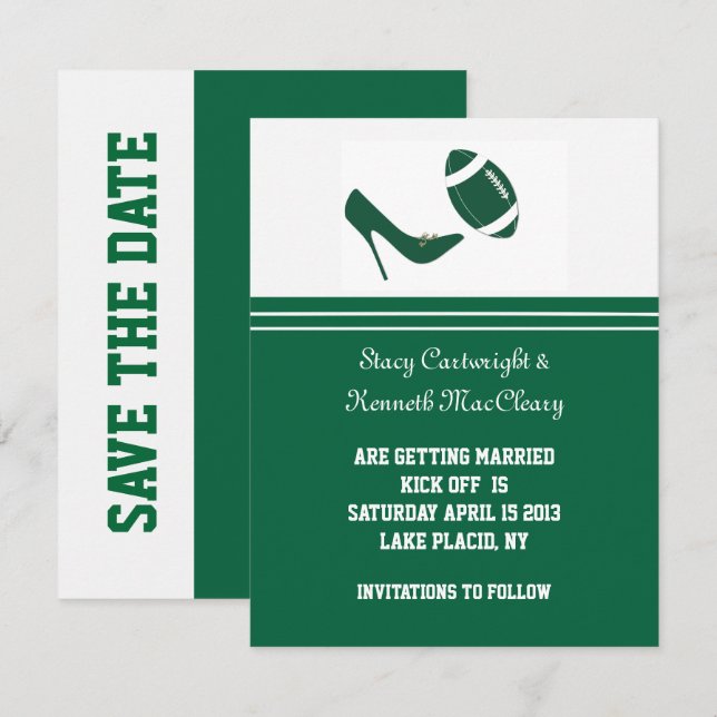 Invitation Green Football Save The Date Announcement  (Devant / Derrière)