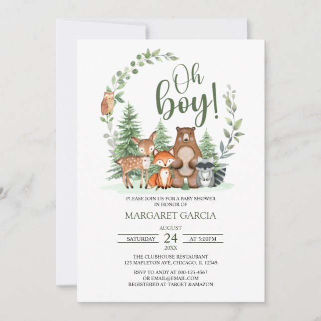 Invitation Green Forest Oh Boy Baby shower des animaux de boi (Devant)