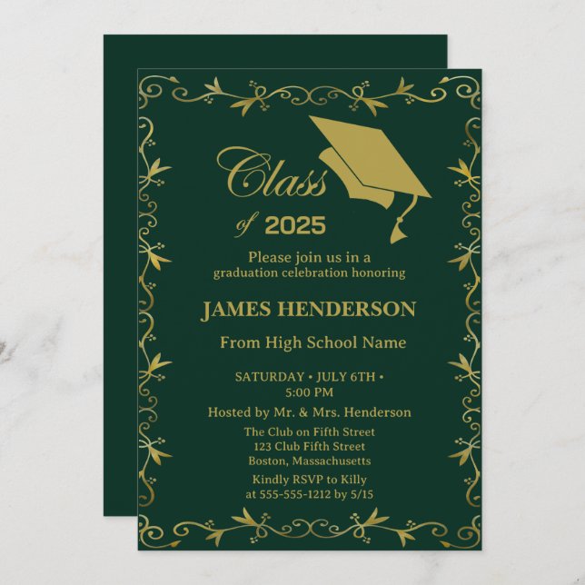 Invitation Green Formal Gold College Graduation Party 2025 (Devant / Derrière)