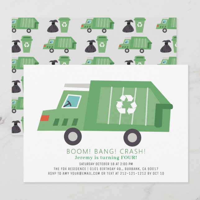 Invitation Green Garbage Truck Recycle Boy Anniversaire (Devant / Derrière)