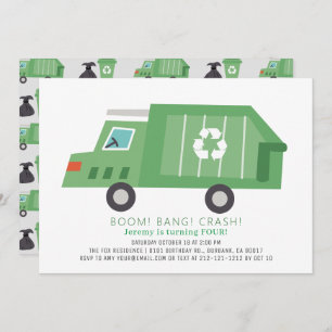 Invitation Green Garbage Truck Recycle Boy Anniversaire