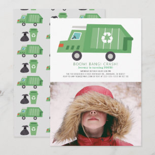 Invitation Green Garbage Truck Recycle Boy Photo Anniversaire