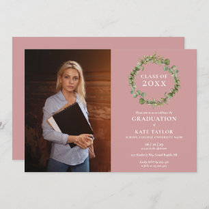 Invitation Green Garland Dusty Rose Photo Graduation Party