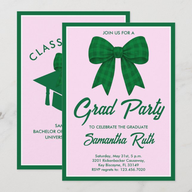 Invitation Green Gingham Bow Graduation Party (Devant / Derrière)