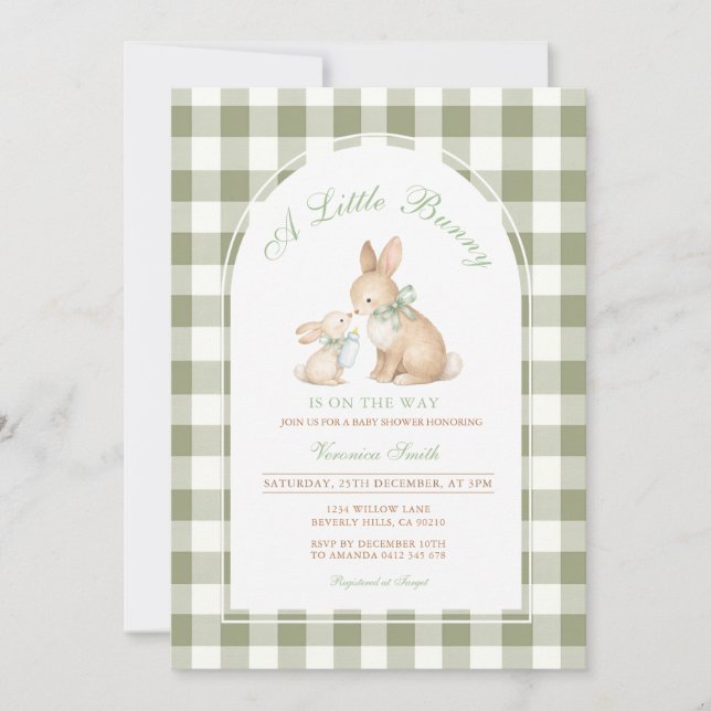 Invitation Green Gingham Bunny Spring Easter Baby Shower  (Devant)