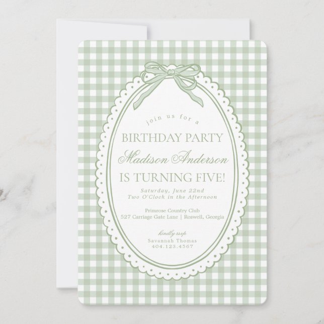 Invitation Green Gingham Coquette Bow Birthday Party (Devant)