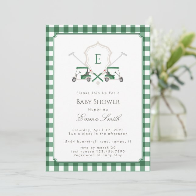 Invitation Green Gingham Crest Monogram Golf Baby Shower (Debout devant)