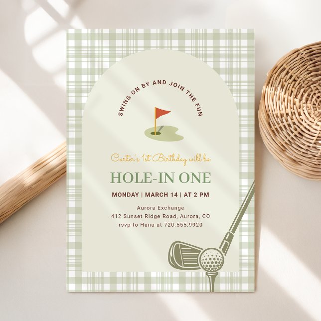 Invitation Green Gingham Hole in One Golf First Birthday (Créateur téléchargé)