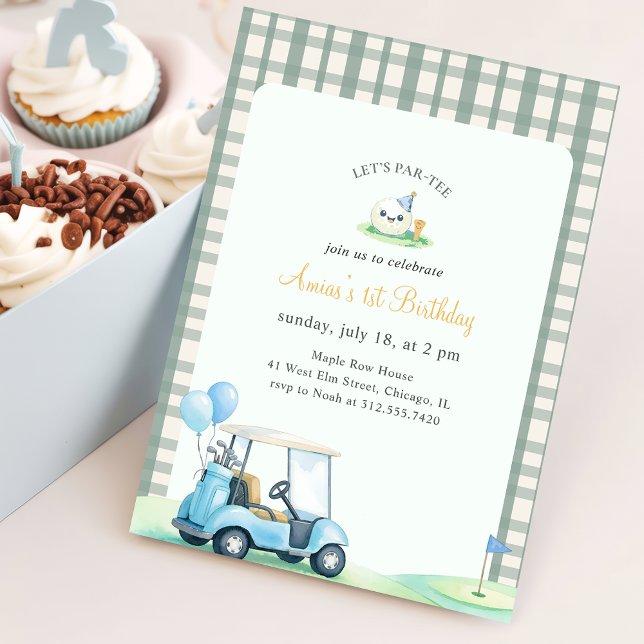 Invitation Green Gingham Kids Golf First Birthday (Créateur téléchargé)