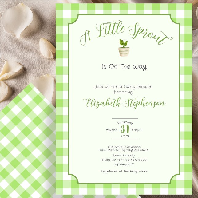 Invitation Green Gingham Little Sprout Baby Shower (Créateur téléchargé)
