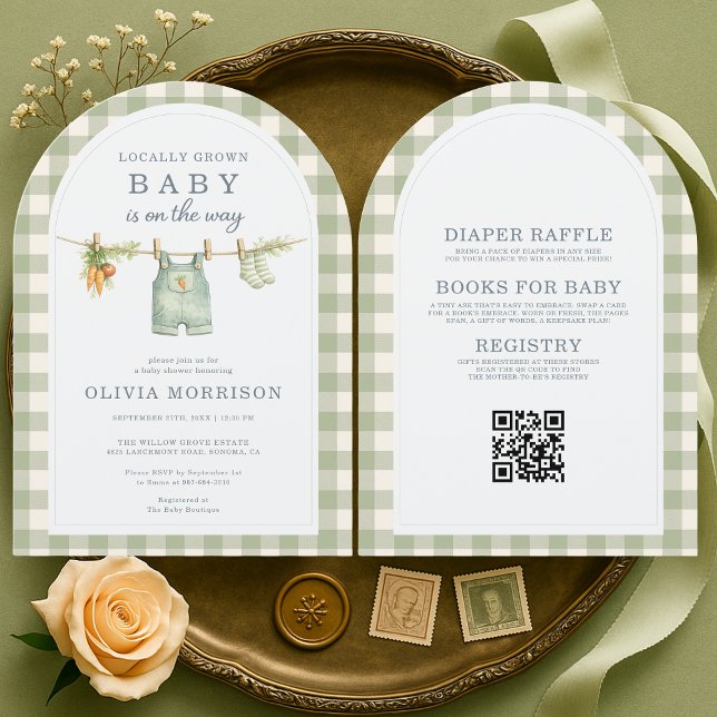 Invitation Green Gingham Locally Grown QR Code Baby Shower (Créateur téléchargé)