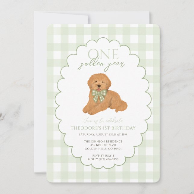 Invitation Green Gingham One Golden Year First Birthday Puppy (Devant)