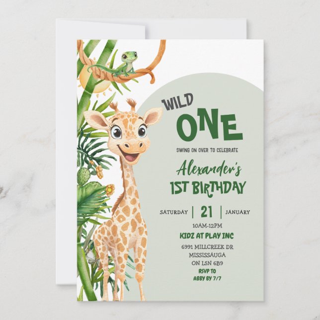 Invitation Green Giraffe Wild One Safari First Birthday (Devant)