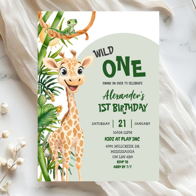 Invitation Green Giraffe Wild One Safari First Birthday (Créateur téléchargé)