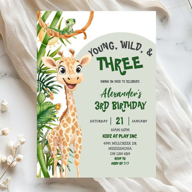 Invitation Green Giraffe Young Wild Three Third Birthday (Créateur téléchargé)
