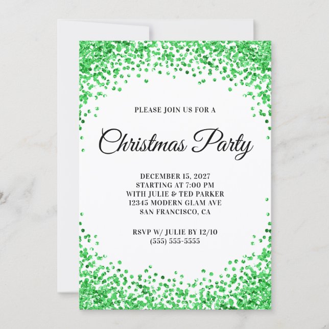 Invitation Green Glitter Border White Christmas Party (Devant)