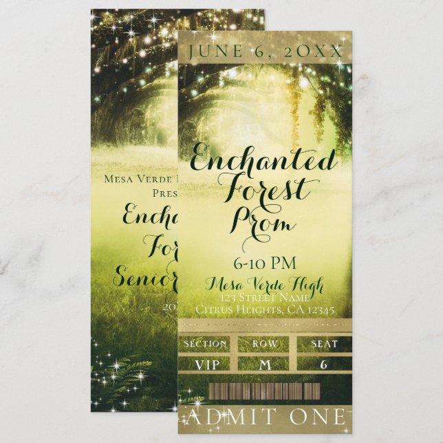 Invitation Green Glow Forest & Lights Prom VIP Party Ticket (Devant / Derrière)