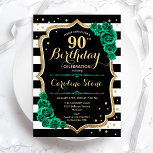 Invitation Green Gold Black & White Stripes 90e anniversaire