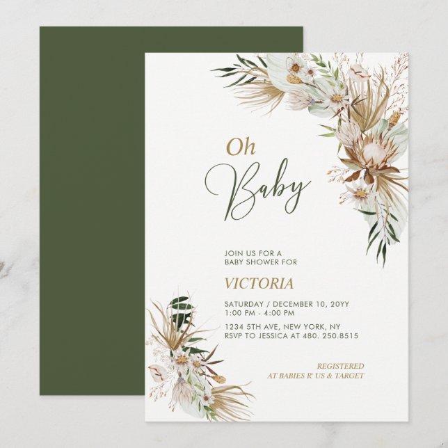 Invitation Green & Gold Boho Botanical Oh Baby shower (Devant / Derrière)