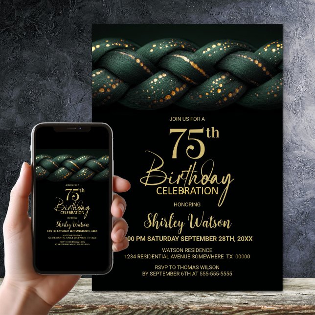 Invitation Green Gold Braid 75e fête d'anniversaire (Créateur téléchargé)