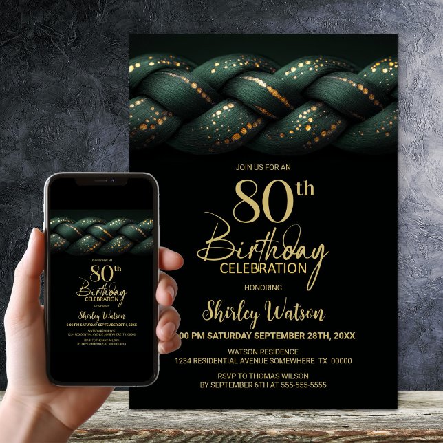Invitation Green Gold Braid 80e fête d'anniversaire (Créateur téléchargé)
