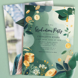 Invitation Green Gold Coins Finance Graduation Party Photo