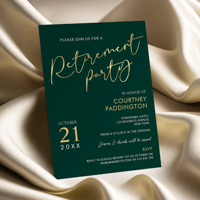 Invitation Green & Gold Elegant Corporate Retirement Party (Modern emerald green and faux gold retirement party invitation)