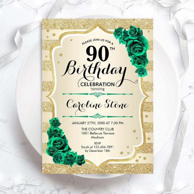 Invitation Green Gold Elegant Floral 90e anniversaire (Créateur téléchargé)
