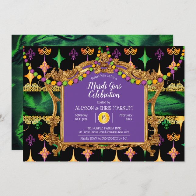 Invitation Green | Gold Elegant Floral Mardi Gras Party (Devant / Derrière)