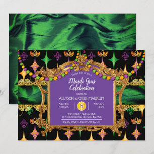 Invitation Green   Gold Elegant Floral Mardi Gras Party
