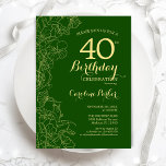 Invitation Green Gold Floral 40e fête d'anniversaire<br><div class="desc">Green Gold Floral 40th Birthday Party Invitation. Design moderne minimaliste avec accents de dessin botanique, fausse feuille d'or et police de script de typographie. Carte invitation simple et tendance, parfaite pour une célébration anniversaire élégante. Peut être customisé à n'importe quel âge. Invitations Zazzle imprimées ou téléchargement instantané modèle imprimable numérique....</div>