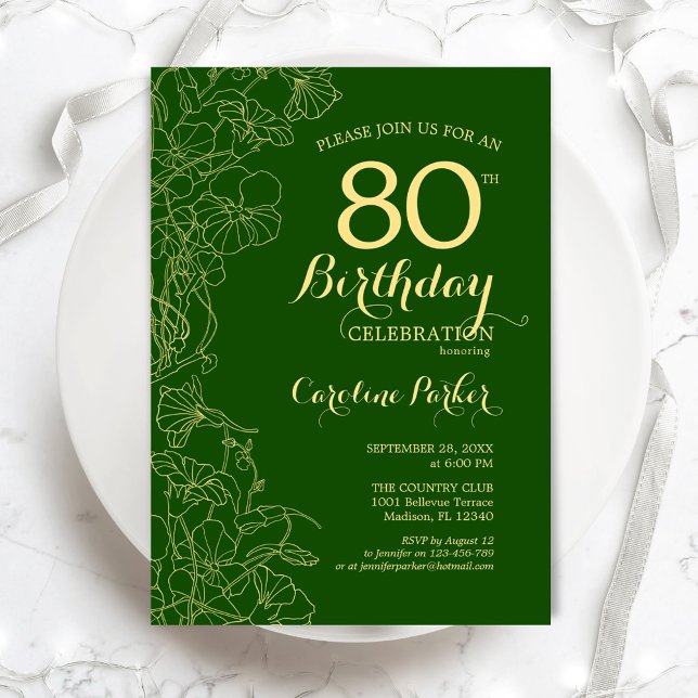 Invitation Green Gold Floral 80e fête d'anniversaire (Créateur téléchargé)