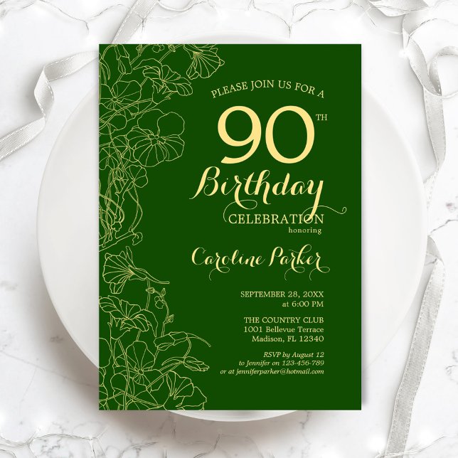Invitation Green Gold Floral 90e fête d'anniversaire (Créateur téléchargé)