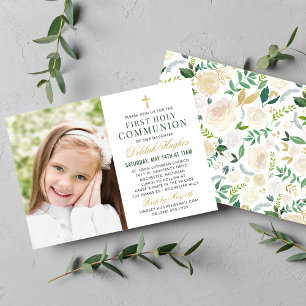 Invitation Green Gold Floral First Holy Communion Girl Photo