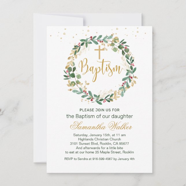 Invitation Green Gold Foliage Red Berry Croix Baptême Invitat (Devant)
