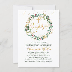 Invitation Green Gold Foliage Red Berry Croix Baptême Invitat