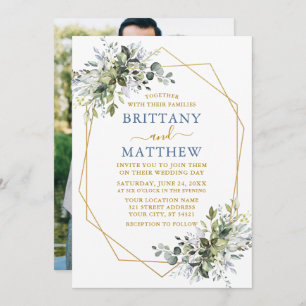 Invitation Green Gold Geo Frame Photo Mariage Dusty Blue