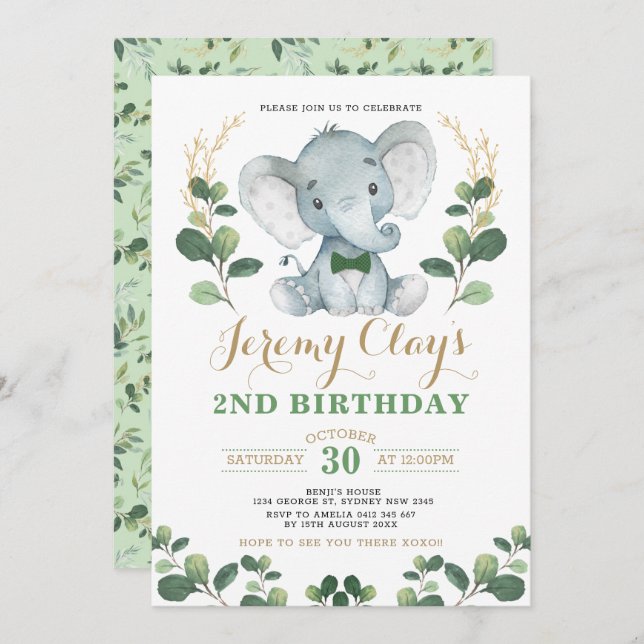 Invitation Green Gold Jungle Baby Elephant 2e anniversaire (Devant / Derrière)