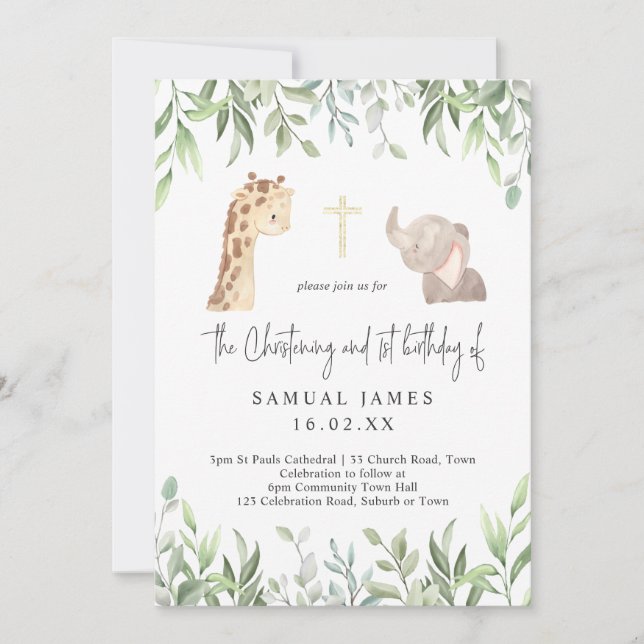Invitation Green & Gold Jungle Christening & 1er anniversaire (Devant)
