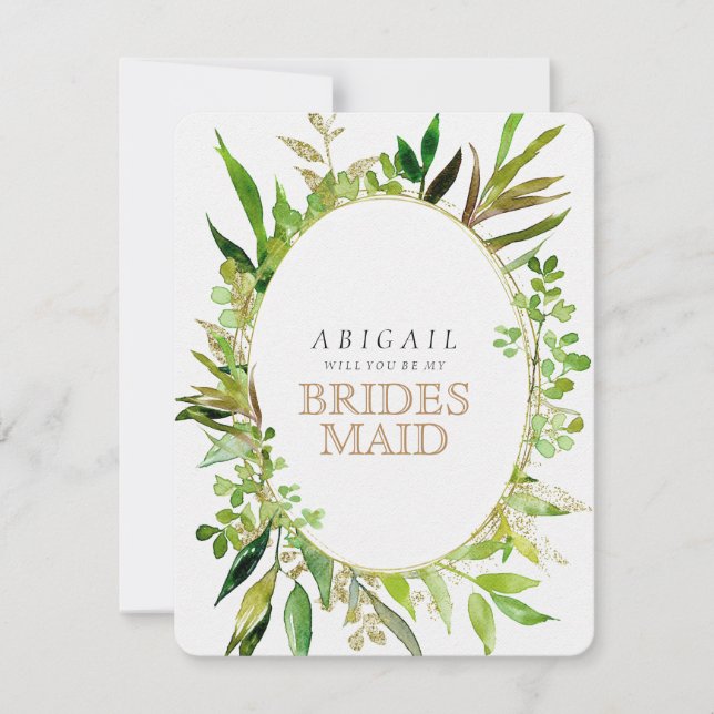 Invitation Green & Gold Leaf encadré Vous Serez Bridesmaid (Devant)
