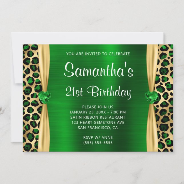 Invitation Green Gold Leopard Foil Gem Heart 21e anniversaire (Devant)