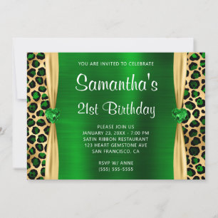 Invitation Green Gold Leopard Foil Gem Heart 21e anniversaire