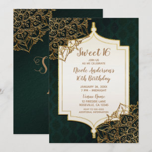 Invitation Green Gold Marocain Arabian Nights Sweet 16 Party