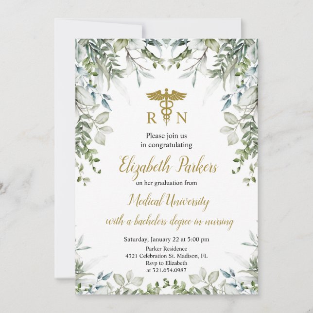 Invitation Green Gold Nursing Graduation Party (Devant)