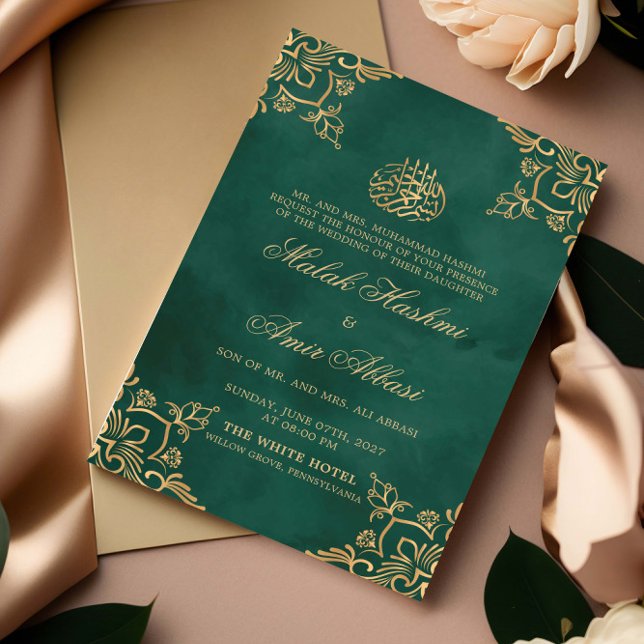 Invitation Green Gold Oriental Design Mariage musulman islami (Créateur téléchargé)